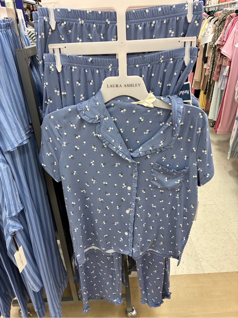 Laura Ashley Dusty Blue Floral Ruffle-Trim Pajama Set Sizes small,medium,large